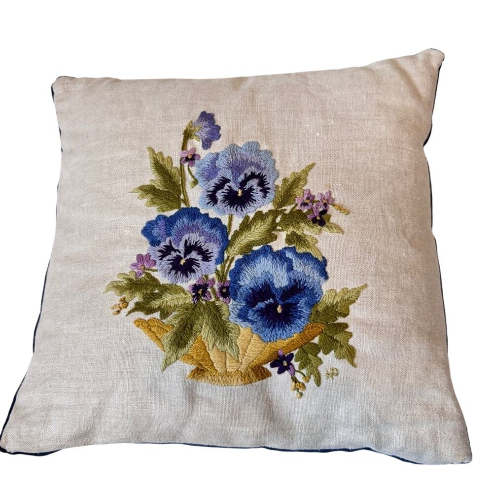 Vintage Blue Floral Embroidered Throw Pillow 13.5 Square Boho Accent